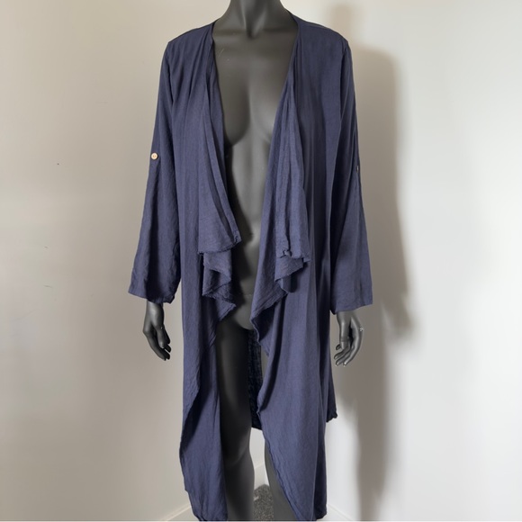 Sweaters - Made in Italy 100% Linen Navy Open Front Cardigan